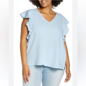 NWT Caslon V-Neck Ruffle Gauze‎ Flutter Sleeve Top, in Blue Falls, Size 1X